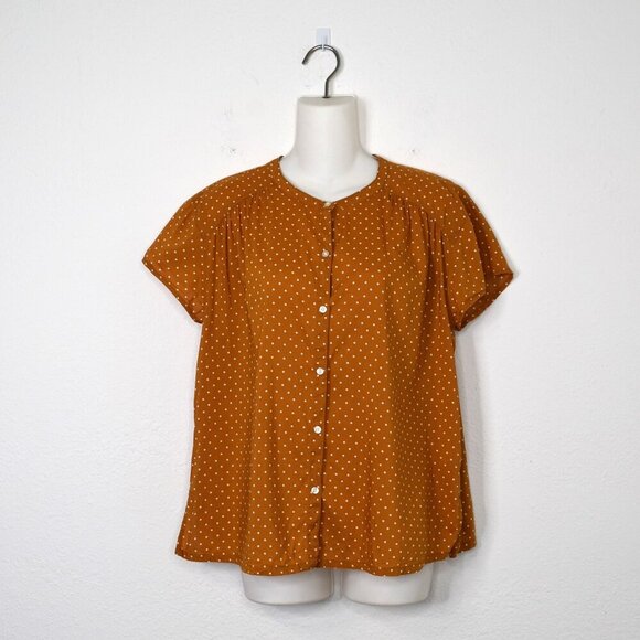 Old Navy Polka Dot Blouse Sz M Button Down Modal Blend Retro 50s Cottagecore - Picture 1 of 15